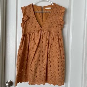 Mustard Yellow Romper Dress with Pockets, Eyelet, v neck, keyhole XS